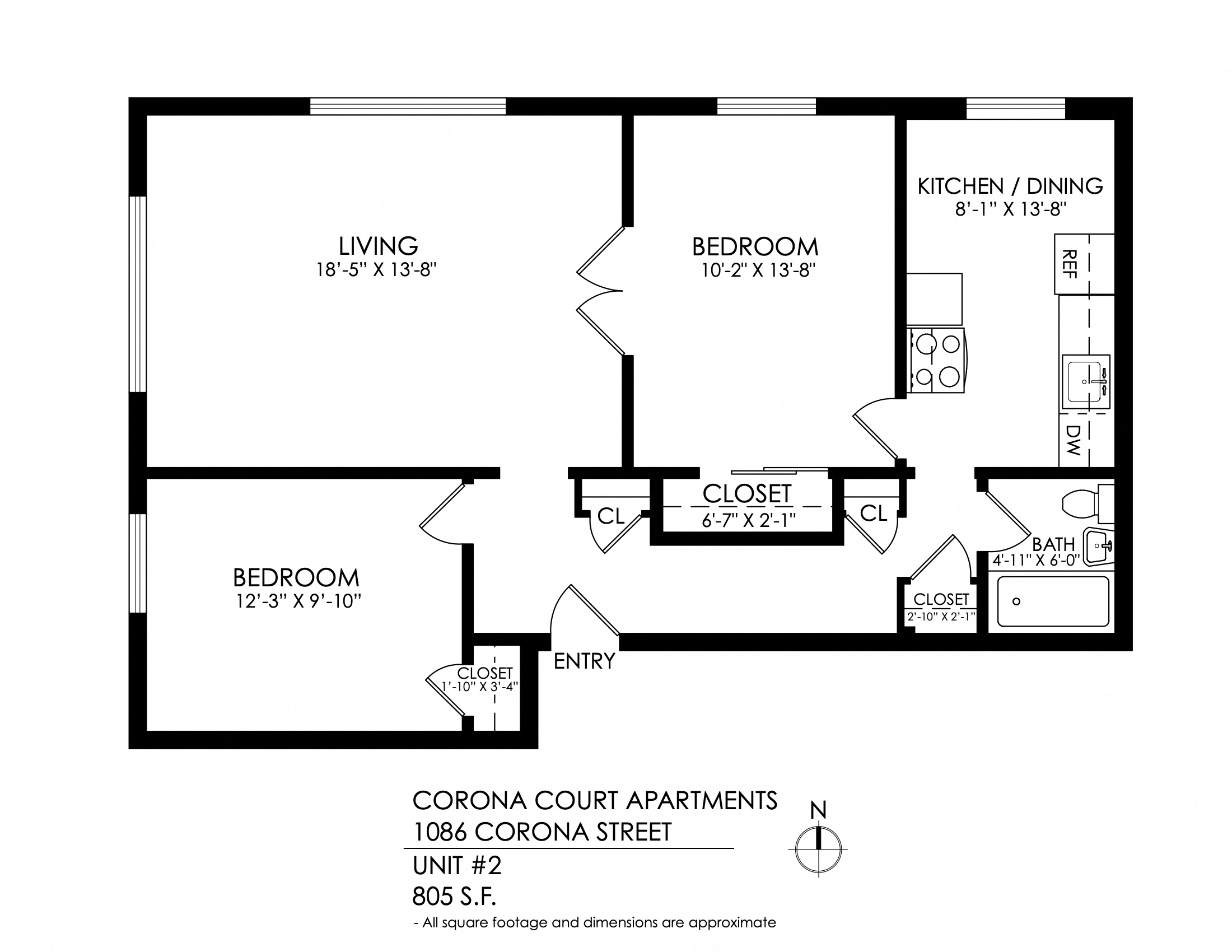 Floor plan for 2 beds, 1 bath, 815 sqft